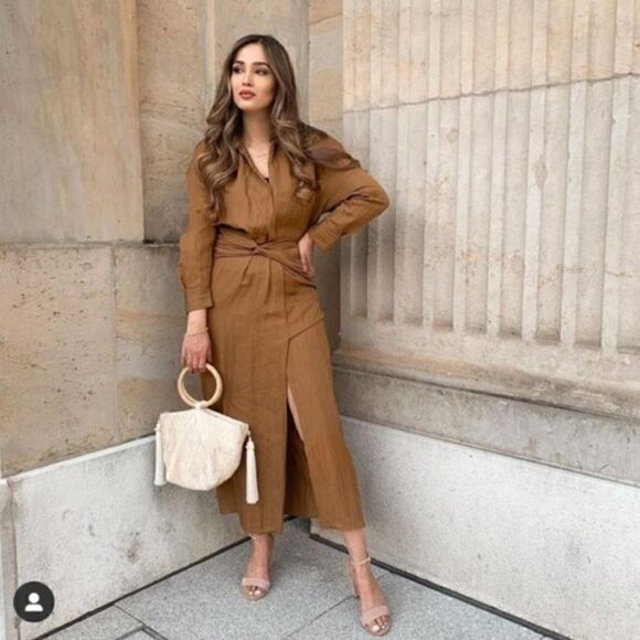 NWOT ZARA Blogger Favorite Brown Caramel Draped Shirt Maxi Dress - Picture 1 of 15